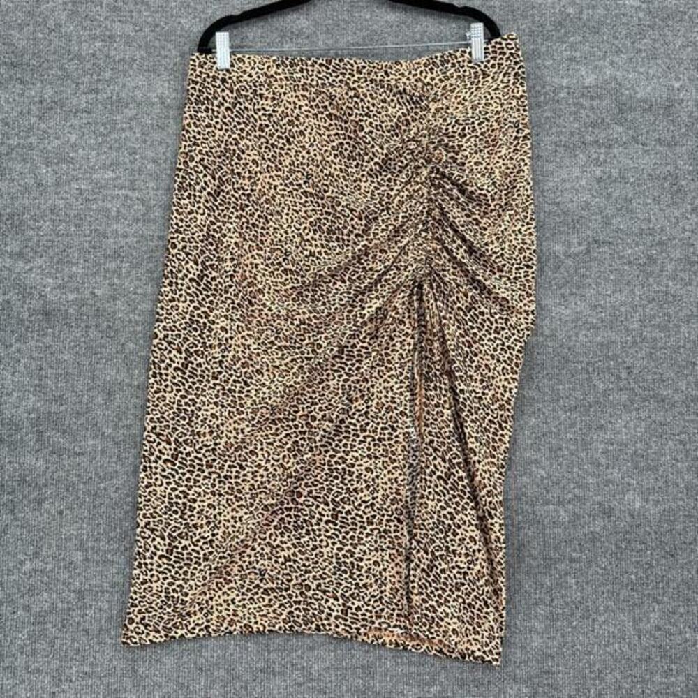 SheIn Curve Womens Leopard Print Skirt Size 2XL Midi Pull On Slit Ruched Stretch